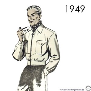 Op de afbeelding: Illustratie van een man in een witte jas met een zwart-witte polka dot sjaal, die een pijp vasthoudt. De afbeelding bevat het jaartal "1949". De man draagt een wit overhemd met een rits en een zak.