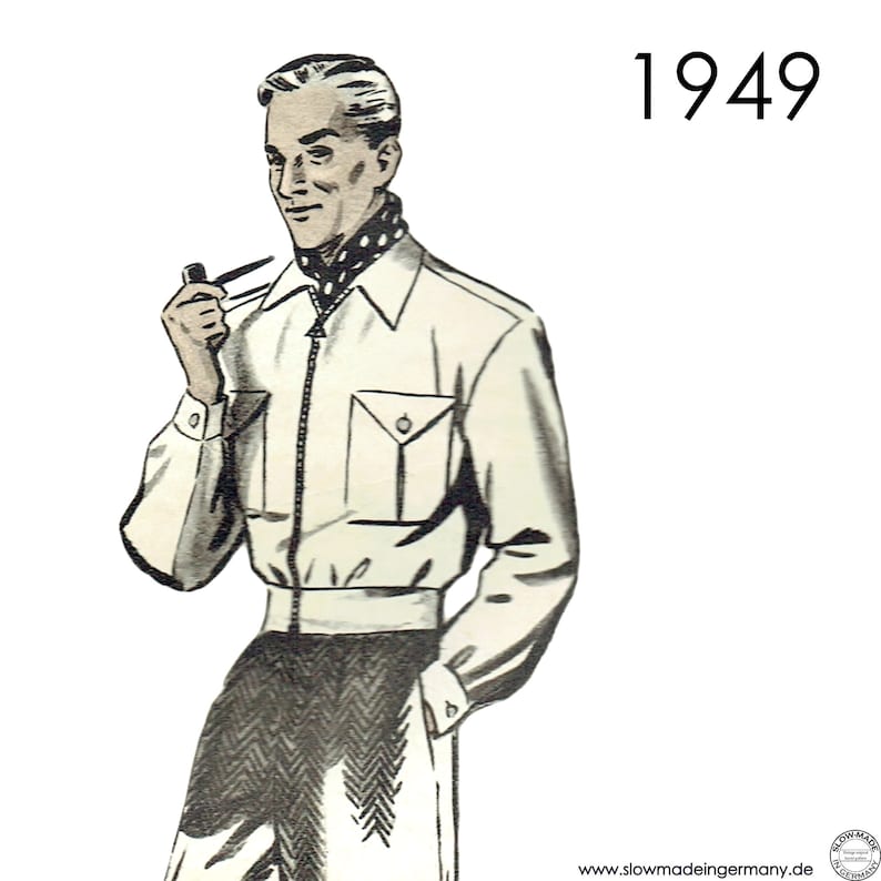 Op de afbeelding: Illustratie van een man in een witte jas met een zwart-witte polka dot sjaal, die een pijp vasthoudt. De afbeelding bevat het jaartal "1949". De man draagt een wit overhemd met een rits en een zak.