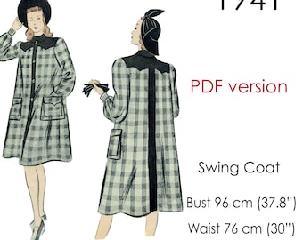 May include: A sewing pattern for a 1941 swing coat featuring a light and dark checkered pattern with solid dark yokes and a back panel. The PDF version includes measurements for a 37.8 inch bust, 30 inch waist, and 41.7 inch hip.