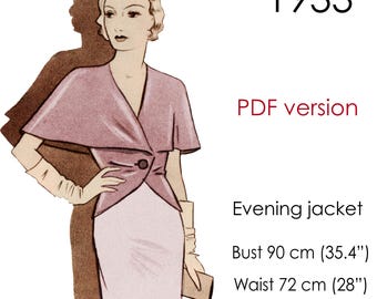 1930s Evening jacket pattern. Wide cape-collar. Original vintage size: bust 90 cm (35" - 36")
