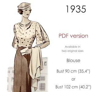May include: A vintage 1935 blouse sewing pattern in PDF format. The pattern is available in two sizes: bust 35.4 inches or 40.2 inches.