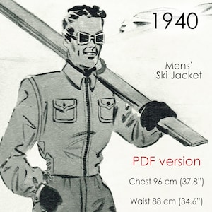 May include: A black and white illustration of a man wearing a gray ski jacket with a zipper and two flap pockets. He is carrying a ski on his shoulder. The text "1940 Mens' Ski Jacket PDF version Chest 96 cm (37.8") Waist 88 cm (34.6")" is printed below the image.
