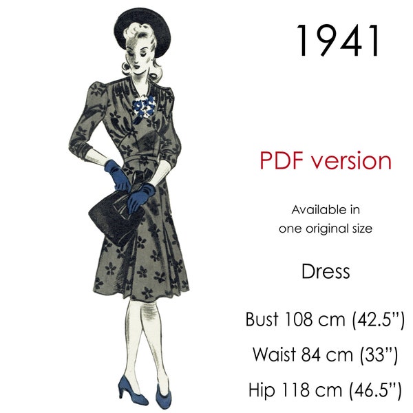 1940s Dress pattern with pleated A-line skirt, bust gather and three-quarter length sleeves. Original vintage bust size: 108 cm/ 42.5"