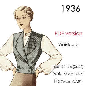 Könnte beinhalten: Eine Vintage-Illustration einer Frau, die eine graue Weste mit einem karierten Muster trägt. Die Weste hat einen doppelreihigen Verschluss und einen spitzen Kragen. Die Frau trägt unter der Weste eine weiße Bluse. Die Illustration ist mit "1936 PDF-Version Weste" beschriftet und enthält die Maße: Brustumfang 92 cm, Taillenumfang 73 cm, Hüftumfang 96 cm.