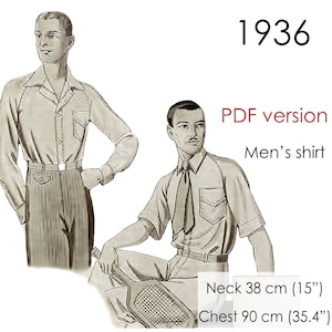 May include: Vintage shirt pattern illustration from 1936. The image shows two men wearing button-down shirts. The text indicates this is a PDF version of a men's shirt pattern, with neck size 15 inches and chest size 35.4 inches.