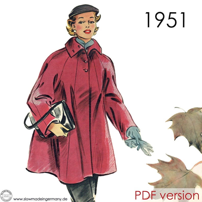May include: Vintage illustration of a woman in a red coat, black beret, and gloves, holding a black and white purse. The image is labeled "1951" and includes falling leaves. The text "PDF version" is also present.