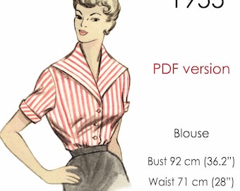 1950s Blouse sewing pattern. Wide rever collar. Original vintage size: bust 92 cm (36")