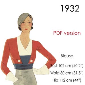 1930s Blouse pattern featuring colour-blocked panels and long sleeves. Original vintage size 102 cm (40&quot;) bust.
