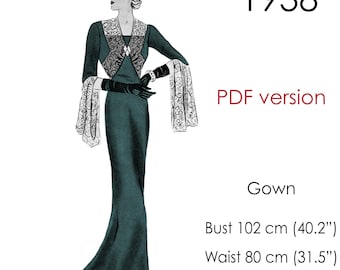 1930s Long Gown Pattern. Lace V-Neck, Fitted Sleeves. Original vintage size: Bust 102 cm (40")
