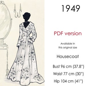 Housecoat robe pattern. 1940s long robe pattern with wide collar, double-breasted front & pockets Original vintage size bust 96 cm (37"-38")