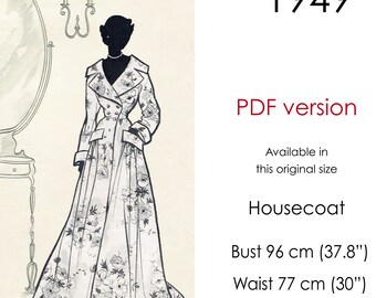 Housecoat robe pattern. 1940s long robe pattern with wide collar, double-breasted front & pockets Original vintage size bust 96 cm (37&quot;-38&quot;)