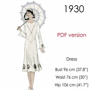 Mönster för klänning från 1930-talet. Flapper-stil. Original vintagestorlek: byst 96 cm (37 till 38 tum)