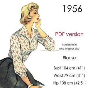 Modello di camicetta anni '50 con colletto rever. Taglia originale vintage per seno 100 cm (39"-40")
