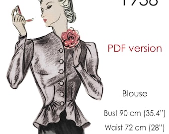 1930s Blouse pattern. Flared peplum waist and long sleeves. Original vintage size bust: 90 cm (35")