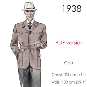 Pode incluir: Uma ilustração vintage de 1938 que retrata um homem vestindo um casaco marrom com cinto, um chapéu branco e uma gravata. O texto "PDF version" e "Coat" é visível. As medidas são: Peito 104 cm (41") e Cintura 100 cm (39.4").