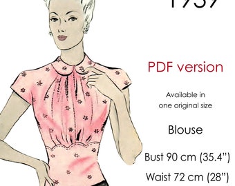 1930s Blouse pattern, with collar, gathers, cut-on sleeves and scalloped seams. Original vintage bust size 90 cm /35"