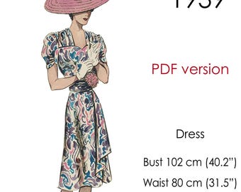 1930s Dress pattern. Ruched front yoke and short sleeves. Original size: bust 102 cm (40")