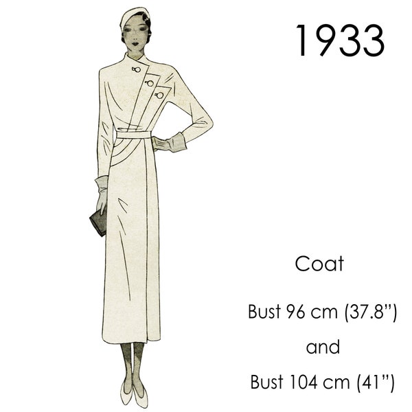 Modèle de manteau des années 30, manteau long avec détails et passepoil incurvés Art déco. Taille vintage originale des bustes : 96 cm (38") ou 104 cm (41")