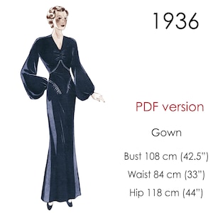Cartamodello per abito da sera anni '30. Scollo a V, maniche lunghe. Taglia originale vintage: busto 108 cm (42,5")