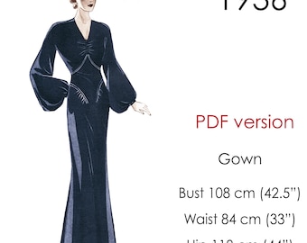 1930s Gown sewing pattern. V-neck, long sleeves. Original vintage size: bust 108 cm (42.5")