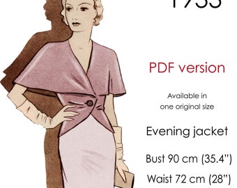 1930s Evening jacket pattern. Short jacket pattern with wide cape collar. Original vintage bust size 90 cm (35" - 36")