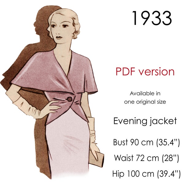 1930s Evening jacket pattern. Short jacket pattern with wide cape collar. Original vintage bust size 90 cm (35" - 36")