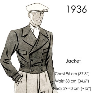 Op de afbeelding: Een zwart dubbelrijig jasje met een revers en vier knopen. Het jasje heeft een borstomvang van 96 cm, een tailleomvang van 88 cm en een nekmaat van 39-40 cm.
