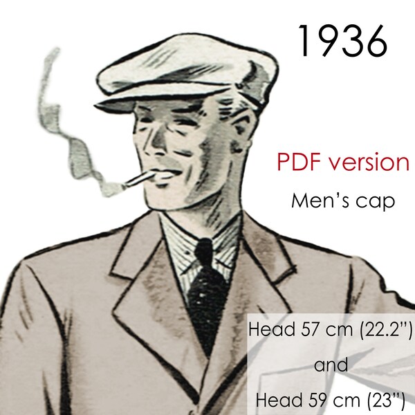 1930s Men's cap sewing pattern, newsboy tweed cap in original vintage head sizes 57-59 cm (22-23")