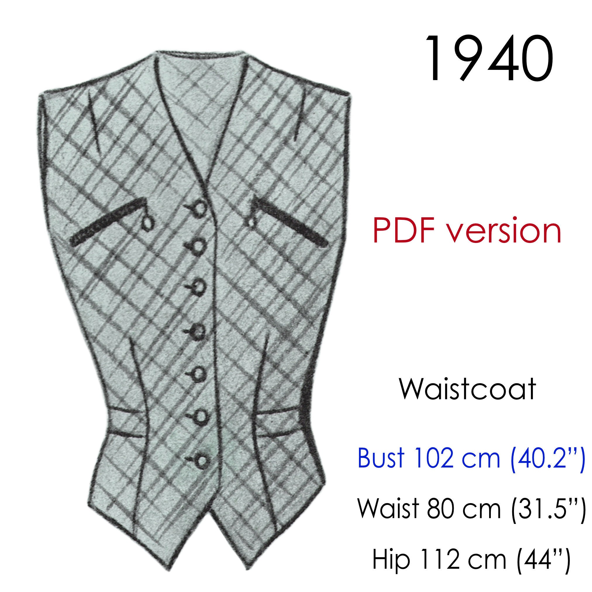 1940s Waistcoat Pattern. Collarless Vest, Zipped Pockets. Original