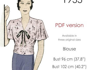 1930s Blouse pattern, featuring flowy sleeves and buttoned waist. Multi-sized PDF pattern for busts 96 cm/37.8" to 108 cm/42.5"