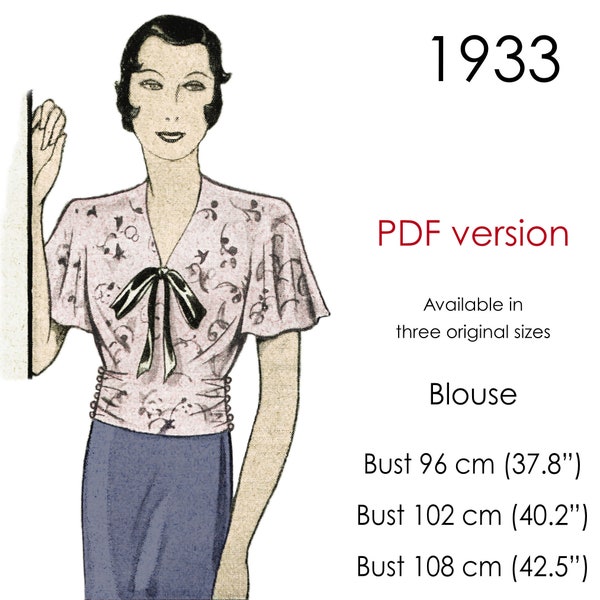 1930s Blouse pattern, featuring flowy sleeves and buttoned waist. Multi-sized PDF pattern for busts 96 cm/37.8" to 108 cm/42.5"