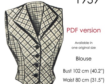 1930s Waistcoat pattern, 30s Vest pattern with rever collar and princessline. Original vintage size for bust 102 cm/ 40"
