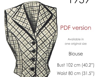 1930s Waistcoat pattern. Fold-back collar and princess-line. Original vintage size: bust 102 cm (40")
