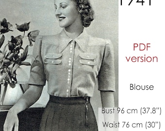 1940s Blouse pattern. Pointy collar and short sleeves. Original vintage size bust 96 cm (38")