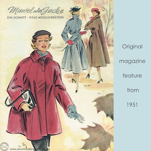 May include: Vintage magazine cover from 1951 featuring illustrations of women in stylish coats. The cover includes the text "Mantel oder Jacke" and "Ein Schnitt - Viele M&ouml;glichkeiten". The image showcases a retro fashion theme.