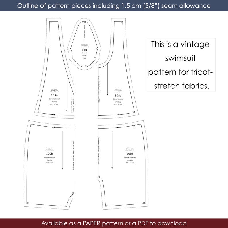 May include: A white swimsuit pattern with multiple pieces, including a top, bottom, and straps. The text reads, "This is a vintage swimsuit pattern for tricot-stretch fabrics." The pattern includes a 5/8" seam allowance.