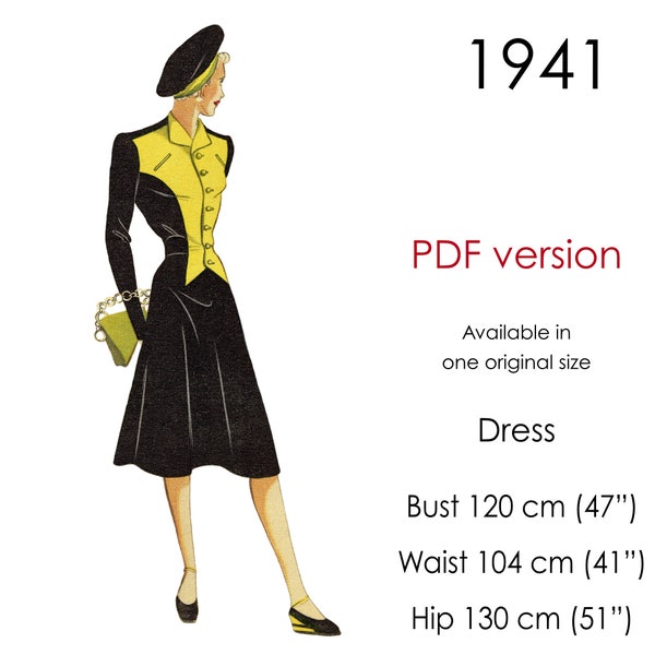 1940s Dress pattern with A-line skirt, contrasting front panel and buttoned front. Original vintage size for a 120 cm/ 47" bust