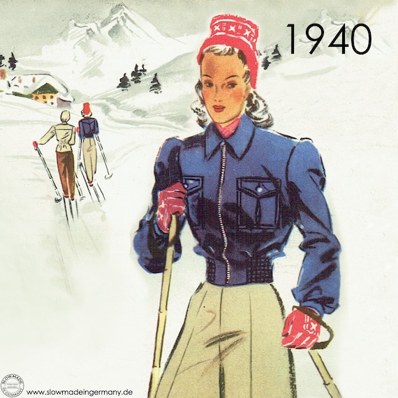 1940s Ski Jacket Pattern Waist Length With Zip Front & Patch 