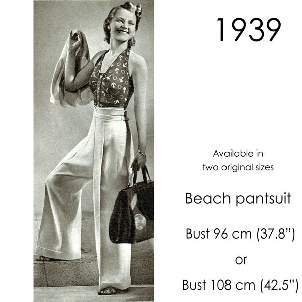 Motif plage des années 30. Pantalon large, haut dos nu et veste boléro. Taille vintage originale des bustes : 96 cm/37"-38" ou 108 cm/43"