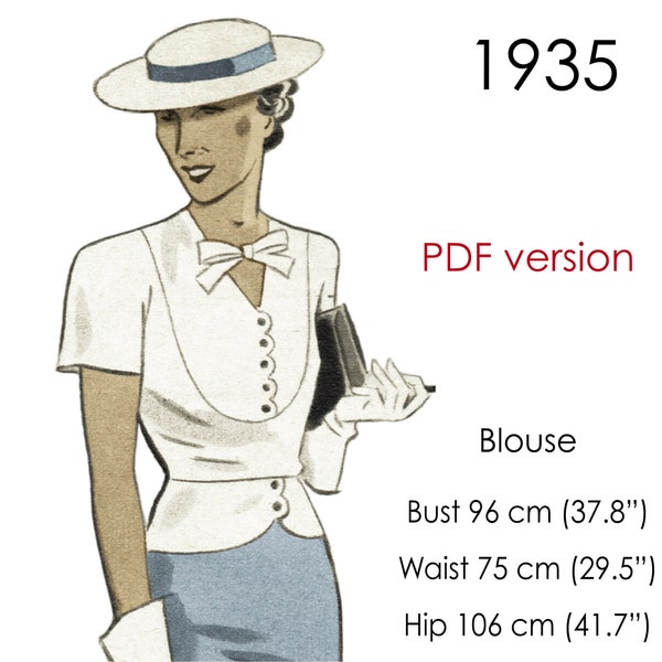 1930s Blouse pattern, with V-neckline, button front, cut-on sleeves and peplum. Original vintage size bust 96 cm (37" - 38")