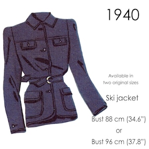1940年代のスキージャケットの型紙。オリジナルのヴィンテージサイズ（バスト88cm（34.6インチ）または96cm（37.8インチ））