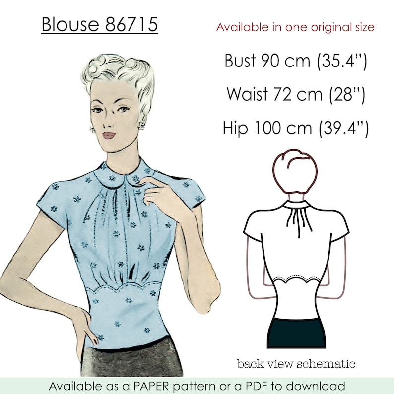 May include: A vintage sewing pattern for a blue blouse with a Peter Pan collar and short sleeves. The pattern is available in one size and includes measurements for bust, waist, and hip in inches and centimeters. The pattern is available as a paper pattern or a PDF download.