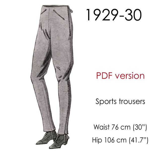 1930s Sports trouser sewing pattern. Jodpur style with tapered leg and zippers. Original vintage size for 76 cm/30" waist & 106 cm/ 42" hip