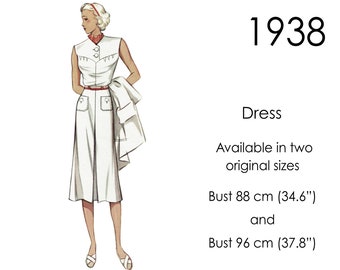 1930s dress pattern, sleeveless dress with front buttons, yoke and pleated skirt. Vintage sizes for busts: 96 cm/ 37"-38" OR 88cm/ 35"