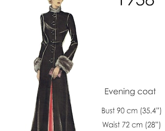 Long evening coat pattern. 1930s coat pattern for velvet. Original vintage size for bust 90 cm/ 35"-36"