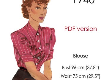 1940s Blouse pattern. Pointy collar. Original size: bust 96 cm (37"- 38")