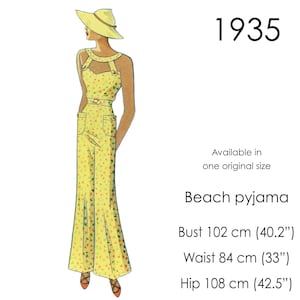 1930s Beach Pyjama pattern. Wide leg pants and separate top with straps. Original vintage size bust 102 cm (40.2")
