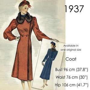 1930s Coat pattern. A 3/4 length coat with fur collar and topstitched details. Original vintage size for bust  96 cm/ 38"