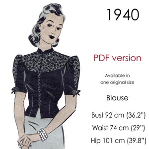 1940s Blouse pattern. Blouse with short puffed sleeves, mandarin collar and lace yoke. Original vintage bust size 92 cm (36&quot; bust)