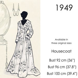 Housecoat pattern, 1940s long robe pattern with wide collar, double-breasted front and pockets. Vintage bust sizes: 92 - 100 cm (36"- 39")